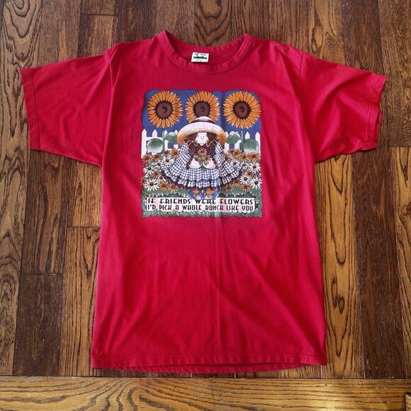 Vintage 90's Women's Medium Red T Shirt Sunflowers Friends Cottage Core Country - Picture 6 of 11